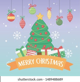 happy merry christmas card with pine tree