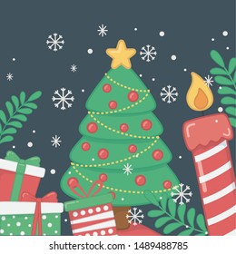 happy merry christmas card with pine tree