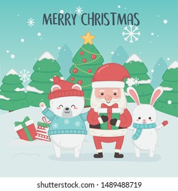 happy merry christmas card with santa claus and animals