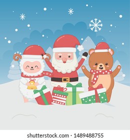 happy merry christmas card with santa claus and animals
