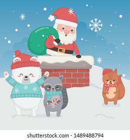 happy merry christmas card with santa claus and animals