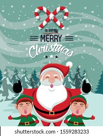 happy merry christmas card with santa claus and helpers vector illustration design
