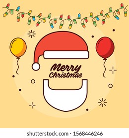 happy merry christmas card with santa hat and beard vector illustration design