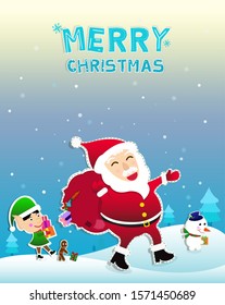  Happy Merry Christmas Card With Santa Carrying Gift, Gingerbread Man Cookie, Santa Claus And Snowman Over Winter Night Christmas Holiday Presents Concept Vector.
