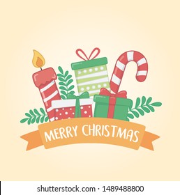 happy merry christmas card with set icons and ribbon