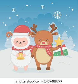 happy merry christmas card with sheep and deer