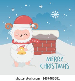 happy merry christmas card with sheep in chimney