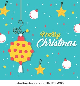 happy merry christmas celebration card with ball and stars vector illustration design