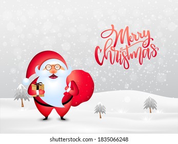 Happy Merry Christmas companions. Santa Claus Holding a Gift Box in Christmas snow scene.