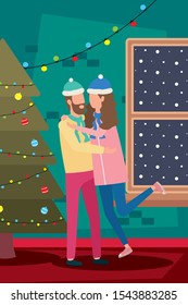 happy merry christmas couple celebrating with pine tree vector illustration design