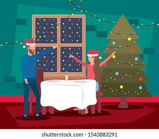 happy merry christmas couple celebrating with pine tree vector illustration design