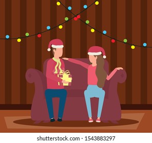 happy merry christmas couple celebrating in livingroom vector illustration design