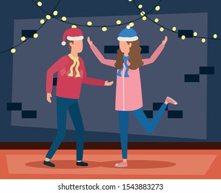 happy merry christmas couple dancing celebrating characters vector illustration design