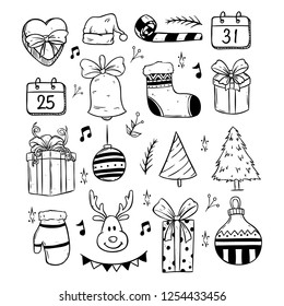 happy merry christmas cute icons collection with doodle or hand drawn style