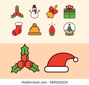 happy merry christmas, decoration sock hat snowman gift set icons vector illustration line fill icon