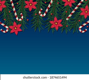 happy merry christmas floral decoration and canes frame vector illustration design