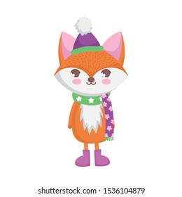 happy merry christmas fox with hat and scarf vector illustration