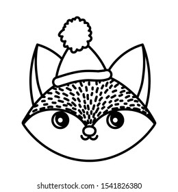 happy merry christmas fox head with hat vector illustration thick line