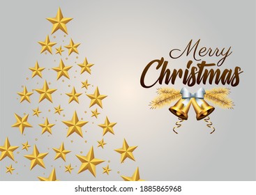 happy merry christmas golden lettering with pine tree of stars vector illustration design