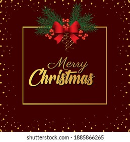 happy merry christmas golden lettering with bow in square frame vector illustration design
