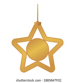 happy merry christmas golden star with five pointed and ball hanging vector illustration design