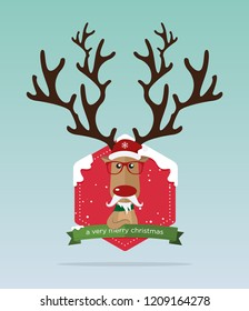 Happy Merry Christmas greeting card. Reindeer red nose standing in front of Christmas badge. Holiday decoration. Vector Illustration.