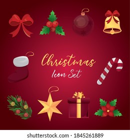 happy merry christmas, greeting card candy bell star ball flower sock icons set vector illustration detailed
