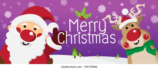 Happy Merry Christmas Greeting Card design with Cartoon Santa Claus and Reindeer on Purple background with snowflakes,Happy New Year Concept,Vector illustration.