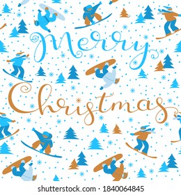 Happy Merry Christmas greetings sign illustration. Young snowboarding people xmas and new year greeting card background template. Winter youth outdoor sport activities icons set.