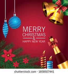 happy merry christmas lettering card with golden bells and champagne vector illustration design
