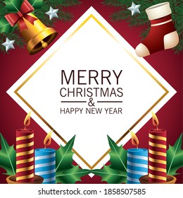 happy merry christmas lettering card with golden bell and candles vector illustration design