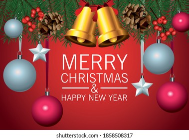 happy merry christmas lettering card with golden bells and balls in red background vector illustration design