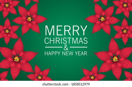 happy merry christmas lettering card with flowers pattern vector illustration design