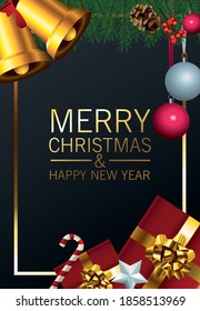 happy merry christmas lettering card with golden bells and gifts presents vector illustration design