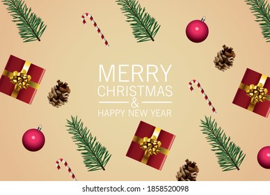 happy merry christmas lettering card with gifts and leafs in cream background vector illustration design