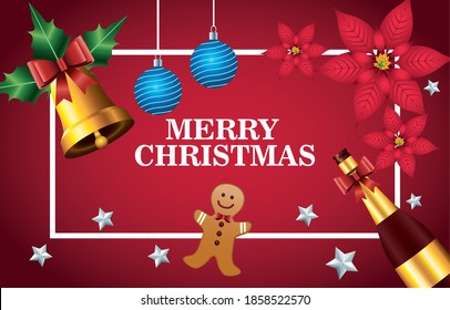 happy merry christmas lettering card with golden bell and icons in square frame vector illustration design