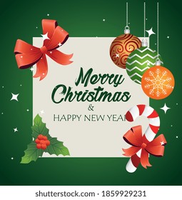 happy merry christmas lettering card with balls and sweet cane vector illustration design