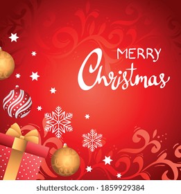 happy merry christmas lettering card with gift and balls vector illustration design