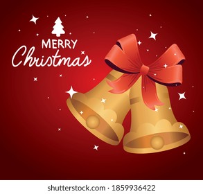 happy merry christmas lettering card with golden bells and bow vector illustration design