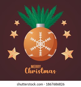 happy merry christmas lettering card with ball and stars in leafs vector illustration design