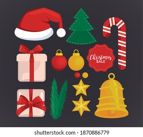 happy merry christmas lettering card with set icons vector illustration design