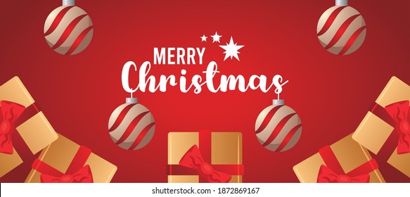 happy merry christmas lettering card with golden gifts and balls hanging vector illustration design
