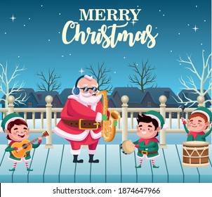 happy merry christmas lettering card with santa and elf playing instruments vector illustration design