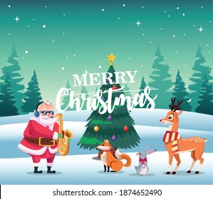 happy merry christmas lettering card with santa playing saxo and animals vector illustration design