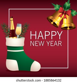 happy merry christmas lettering card with champagne in green sock vector illustration design