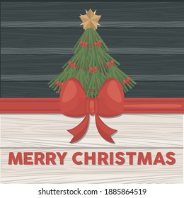 happy merry christmas lettering card with pine tree in wooden background vector illustration design
