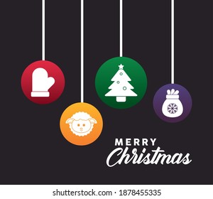 happy merry christmas lettering and four set icons hanging vector illustration design
