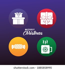 happy merry christmas lettering and four set icons vector illustration design