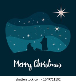 happy merry christmas lettering with holy family silhouette scene vector illustration design
