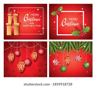 happy merry christmas letterings cards with gifts and balls vector illustration design